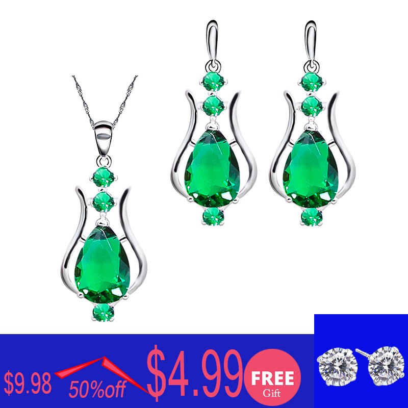 925 Sterling Silver Jewelry Green Emerald Necklace dangle Earrings For Women Costume Jewelry Sets Free