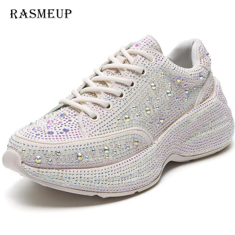 RASMEUP cristal microfibre plate-forme baskets Bling grosses femmes chaussures confortables et respirantes chaussures pour dames: WHITE / 37