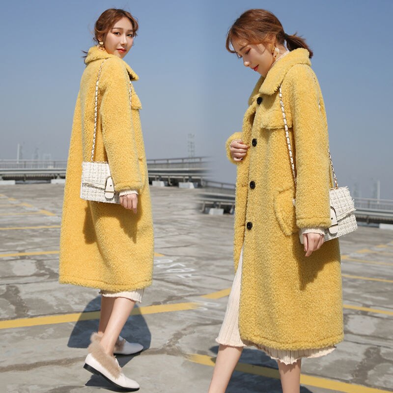 Vangull imitatiebont lange jassen winter casual dames warme lamswol katoenen effen jas plus fluweel dikke bovenkleding: Geel / S