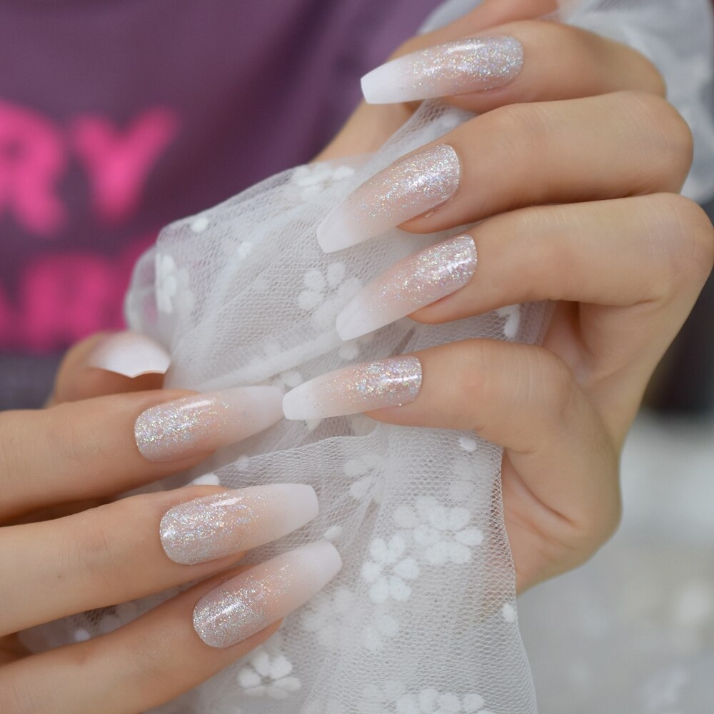 Holografisk faux ongles ombre nautal fransk nagel extra lång kista glitter abs gel fingernagel set 24 ct