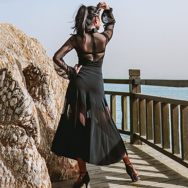 Ballroom Dress Black Sexy Perspective Mesh Standard Dance Dresses Waltz Stage Wear Flamenco Festival Clothing Rave Outfit DN5933