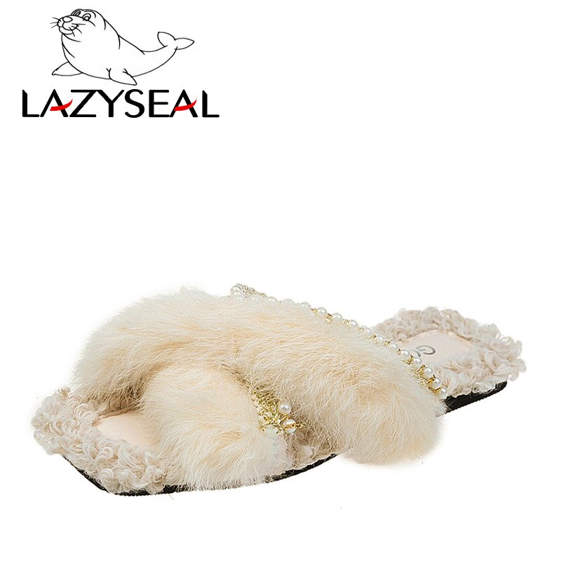 LazySeal Schnur Korn Pelzigen Hausschuhe Frauen Echt Pabbit Pelz kippen-Flops Frau Schieberegler Perle Rutschen Flache sohlen Hausschuhe Plüsch schuhe: Beige / 6,5