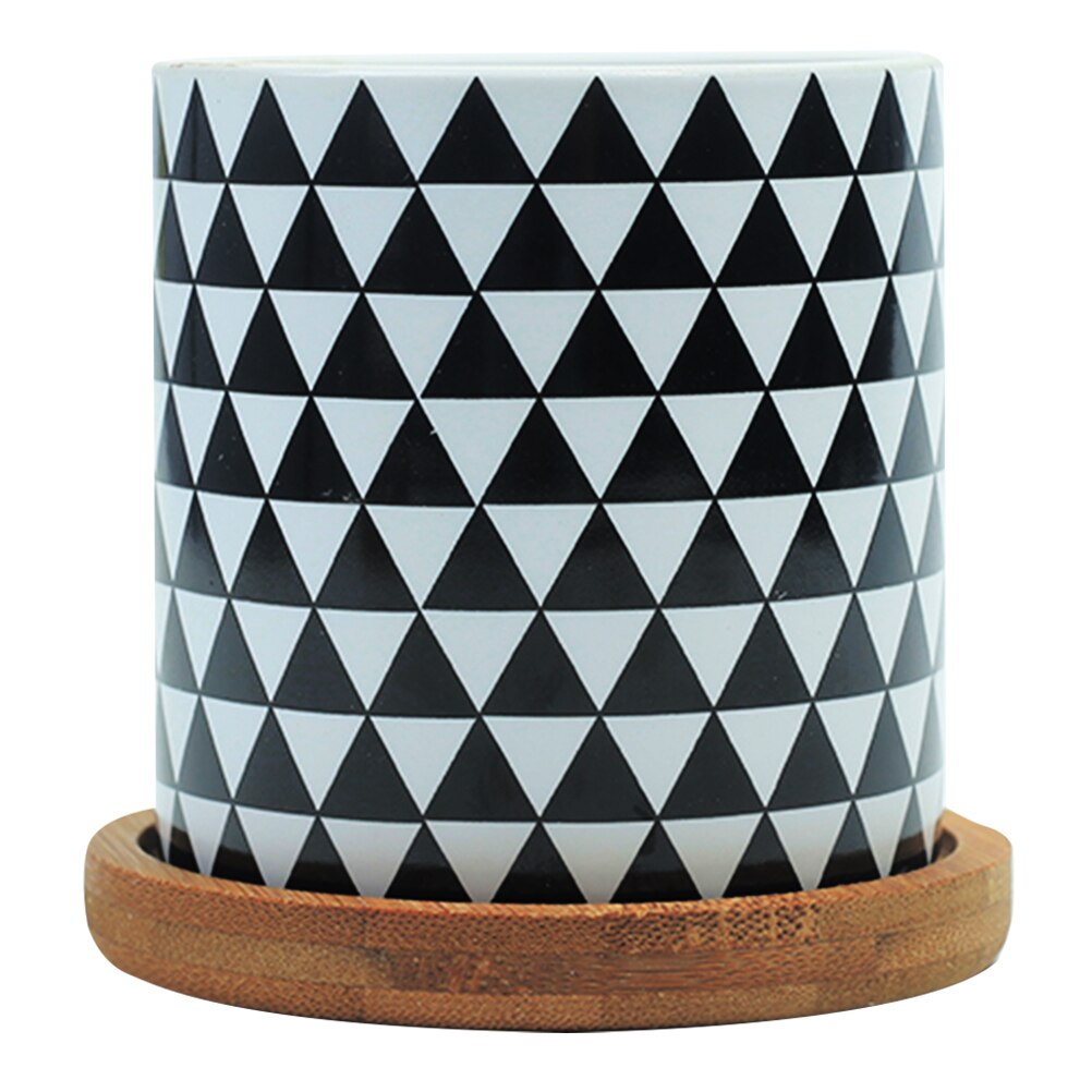 Jarrón de cerámica con forma de flor de escritorio, jarrón con forma geométrica, maceta sencilla para decoración de hogar y oficina con bandeja de Bambú: 6