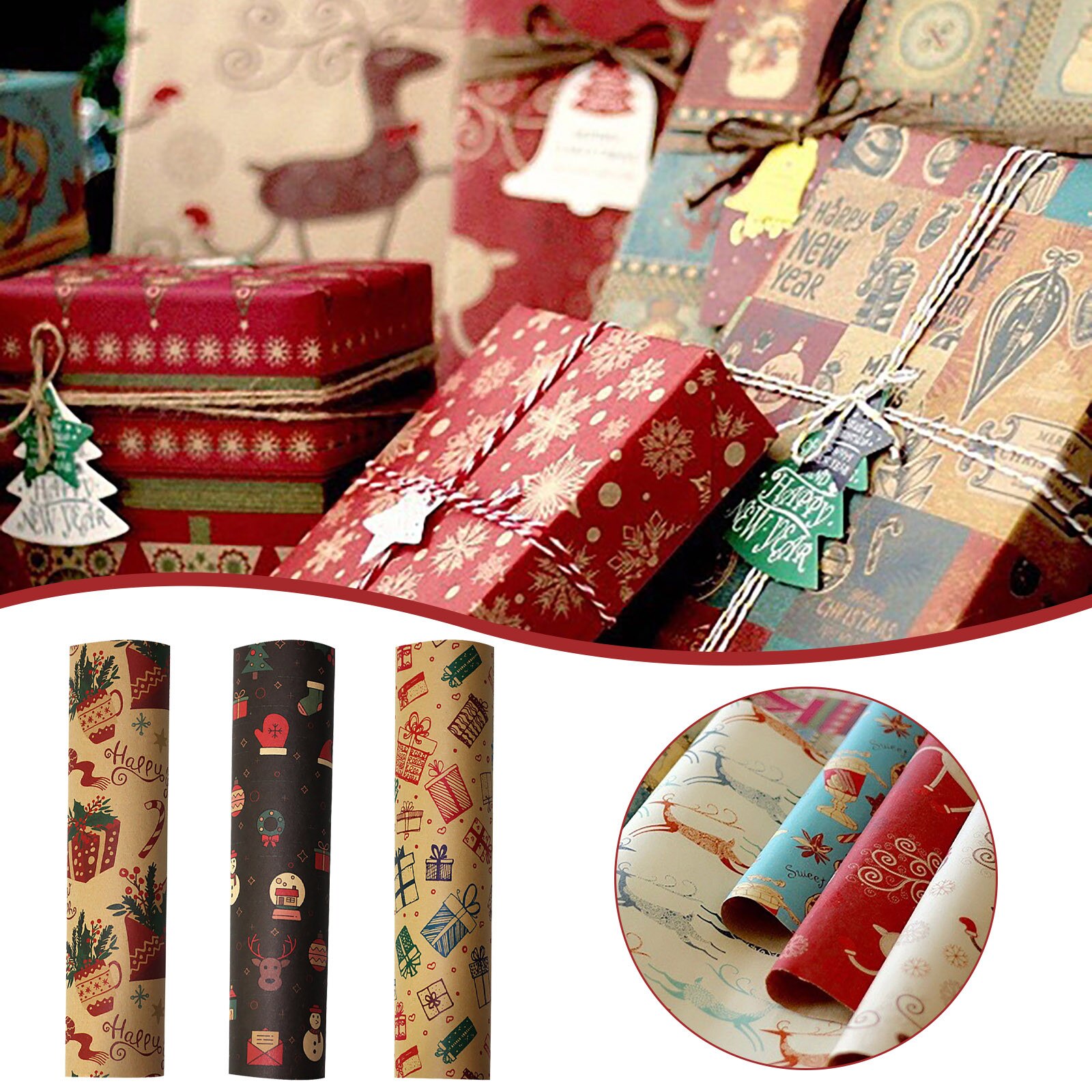 Rollo de papel Kraft para impresión navideña, manualidades, artístico, papel decorativo, decoración del hogar, suministro festivo para # P5
