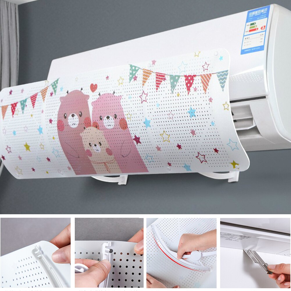 Osłona przeciwwiatrowa pokrywa klimatyzatora konstrukcja zawieszenia kreskówka drukowany bez wiercenia deflektor powietrzny bez paznokci użytkowanie w domu łatwa instalacja