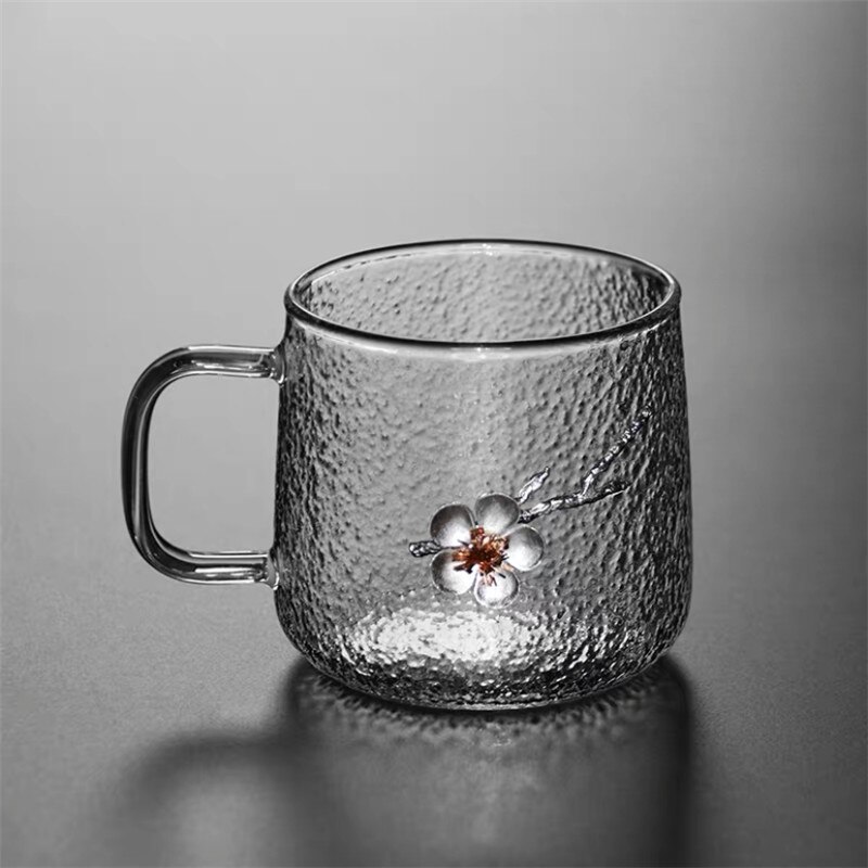 Heat Resistant Glass Coffee Mug with Lid and Spoon Office Silver Inlay Plum Blossom Teacup Transparent Hammer Pattern Milk Cup: B