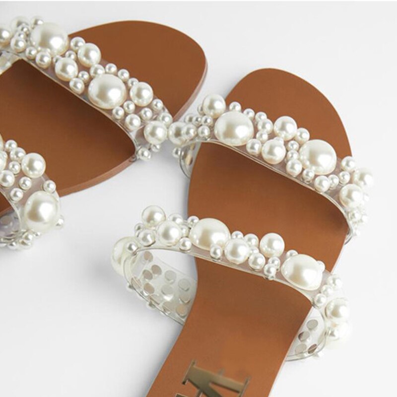 Summer Pearl String Bead Slippers Womens Flat Sandals Beach Shoes Casual Slippers Female Womens pearl Shoes