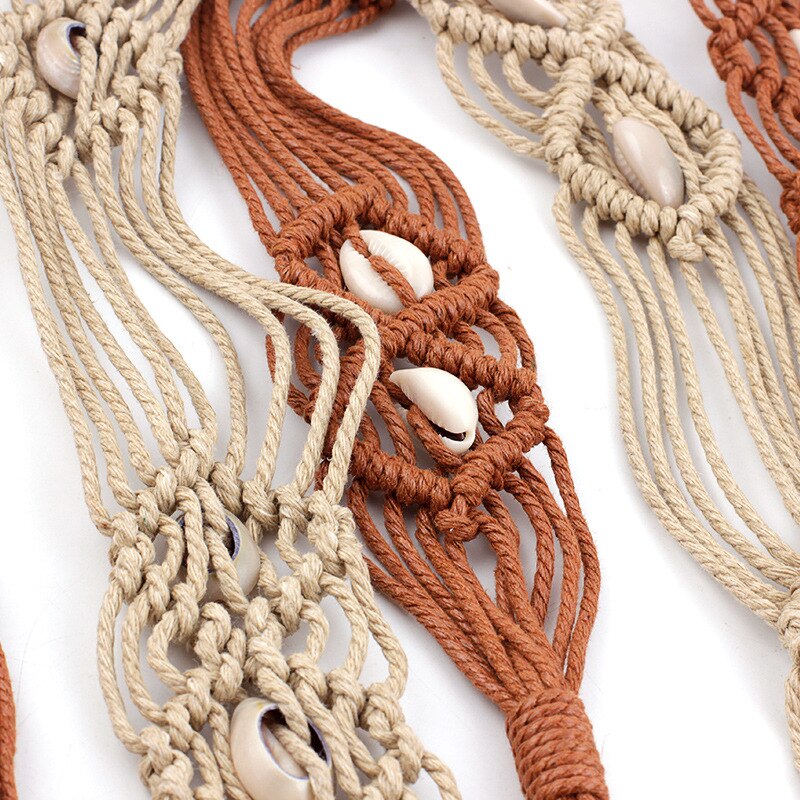 Shell Waist Rope Hand-knitted Knotted Belt Vintage Wooden Ring Buckle Decorative Dress Waistband Camel Beige