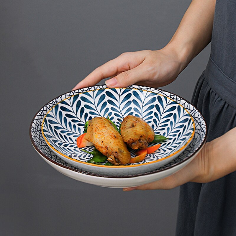 Vajilla de estilo chino con blanco y azul para pintar a mano de 8 pulgadas, platos de cerámica para fruta, ensalada, sopa