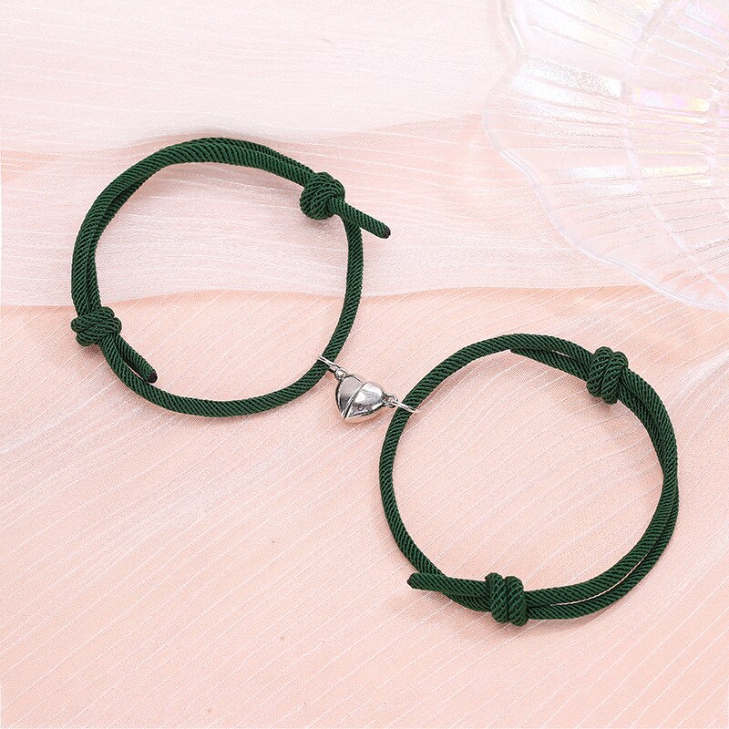 2Pcs/Set Minimalist Lovers Heart Matching Friendship Bracelet Rope Braided Couple Magnetic Distance Bracelet Kit Lover Jewelry: Green