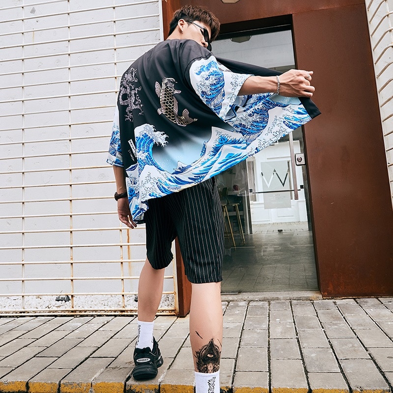Kimono menn japansk kimono tradisjonell mannlig kimono cardigan herre harajuku streetwear samurai kostyme yukata mannlig haori obi  kk001