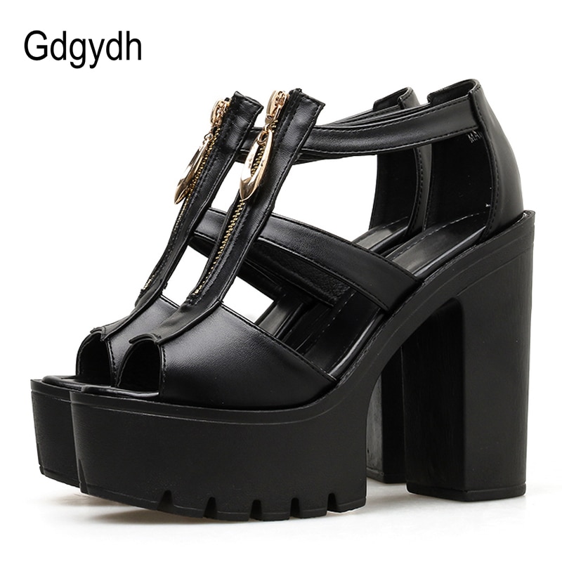 Gdgydh bout ouvert dames sandales bloqué talon fermeture éclair été chaussures femme plate-forme couverture talons noir directe