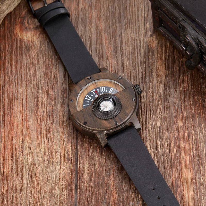 Mode Houten Horloge Mannen Vrouwen Unieke Kompas Half Wijzerplaat Natuurlijke Houten Quartz Horloge Luxe Houten Horloge Mannelijke