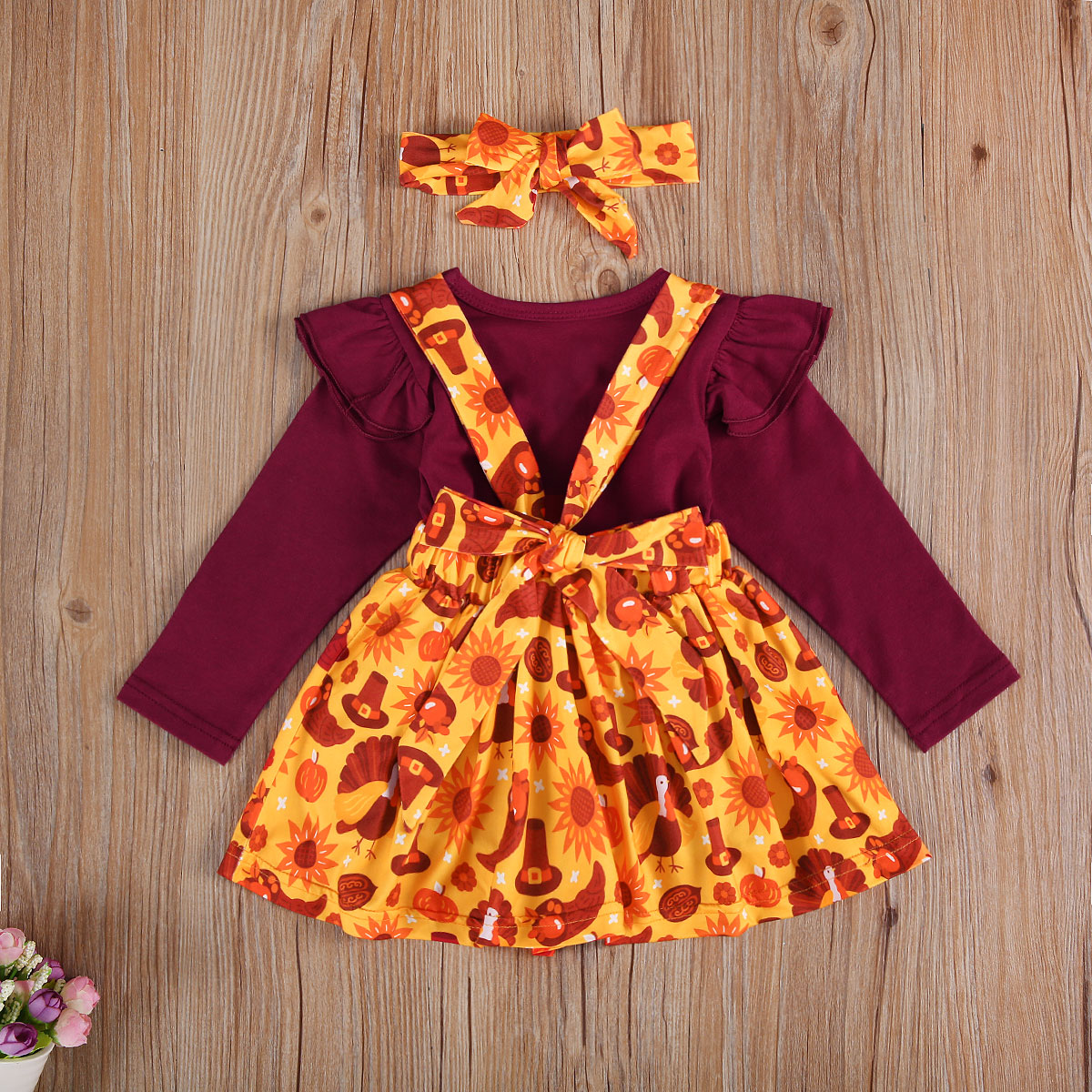 Thanksgiving Peuter Baby Meisjes 3 Stuks Rokken Outfits, Lange Mouwen Top + Jarretel Gedrukt Rok + Hoofdband