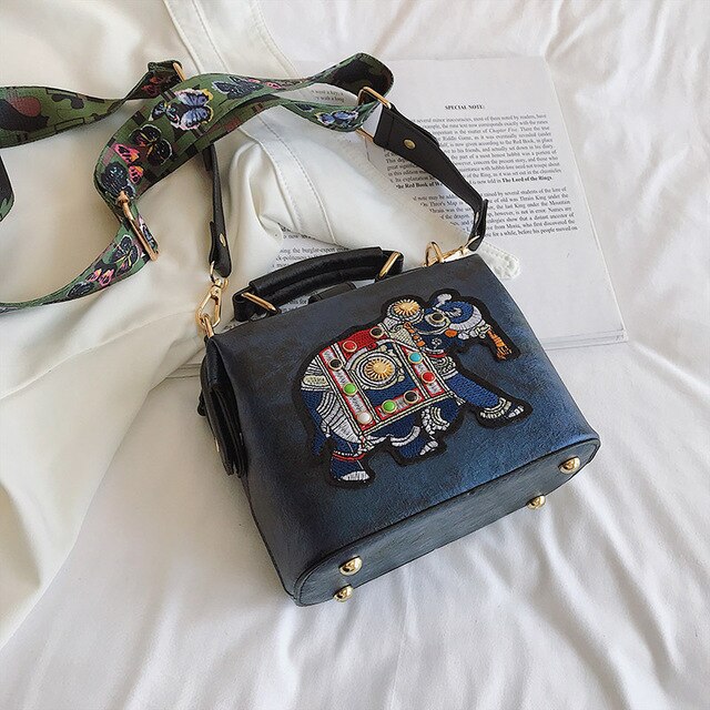 Yogodlns – sac à bandoulière en cuir PU pour femmes, sac à main Vintage brodé éléphant de styliste, bourse pour dames: Blue