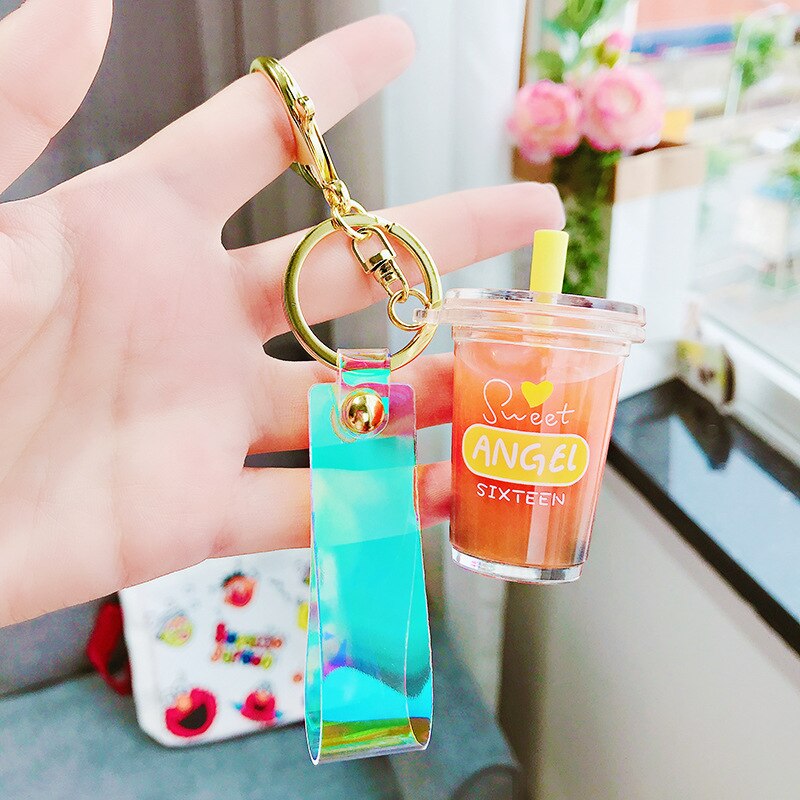 Mini Soft Drink Keychain Milk Tea Beverage Bubble Tea Keyring Moving Liquid oil Decompression Keyfob Jewelry