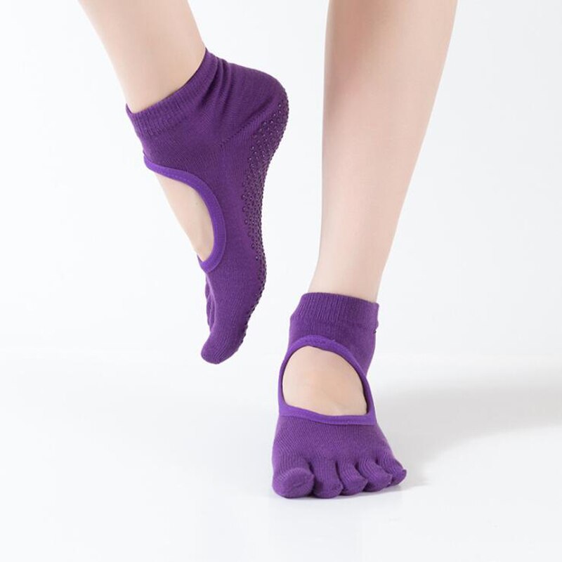 Kvinder yoga sokker rygløse fem fingre sokker gym fitness sport pilates dans ballet skridsikker 5 tå bomulds sokker fodtøj kvinde: Lilla