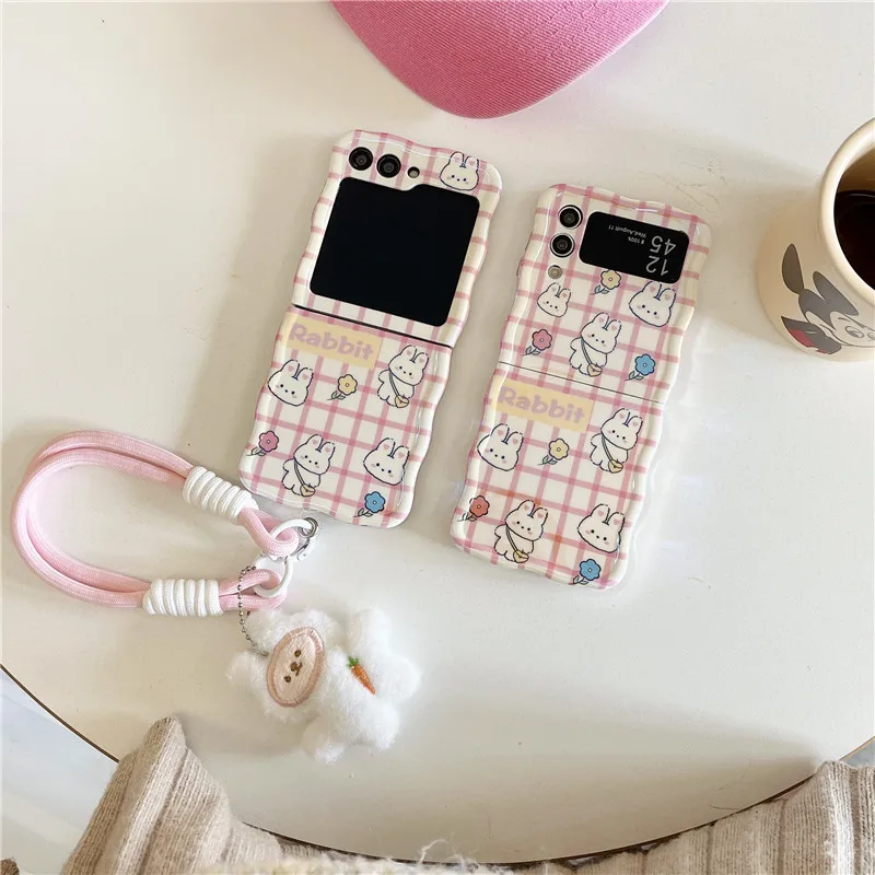 Voor Samsung Galaxy Z Flip 3 4 5 Telefoon Hoesje Cartoon Konijn Handband Golvende Rand Schokbestendige Hoes Voor Samsung Z Flip3 Flip4 Zflip5