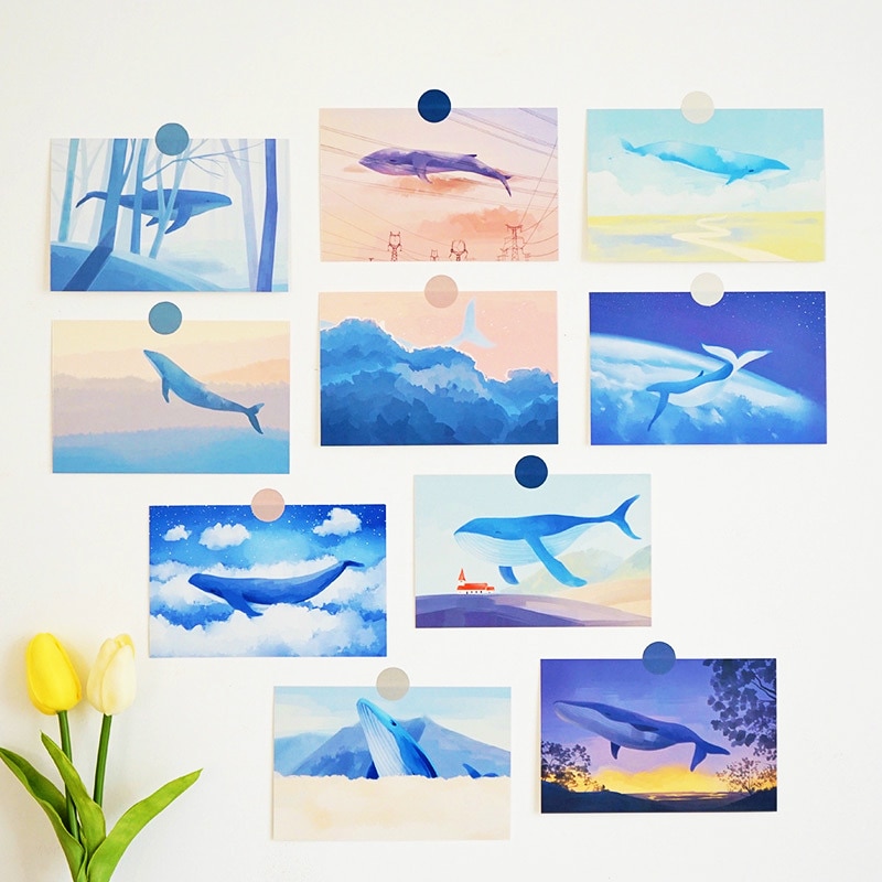30pcs Box Paper Postcard Writable Retro Whale Island Notes Emotional Journal Memo Scrapbook Greeting Card Cute Decoration
