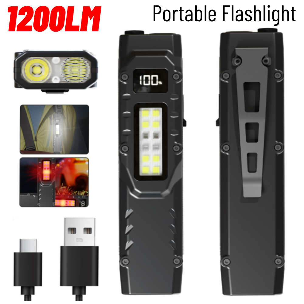 Portable Flashlight 1200LM Rechargeable LED Ultra Slim Flashlight with Pen Clip Waterproof COB Work Light Lantern for Camping