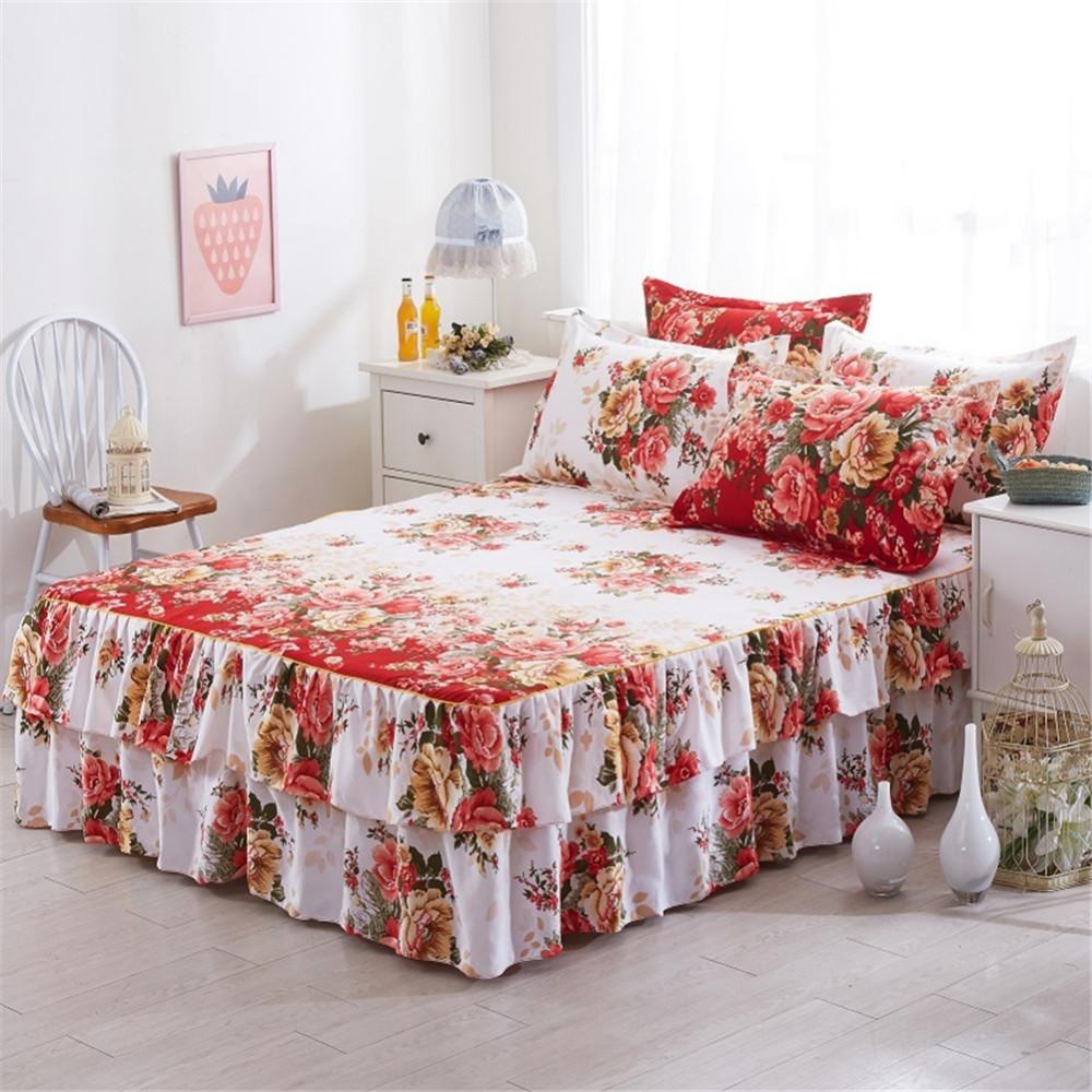 (32) romantisk to-lags seng nederdel chiffon sengetæppe satin bomuld lagen til bryllup dekoration sengetæppe