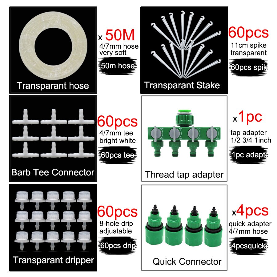 MUCIAKIE 50M 30M 25M White Transparent Micro Drip System Garden Watering Kits w/ Adjustable Drippers w/ Spike Tee Tap Connecters