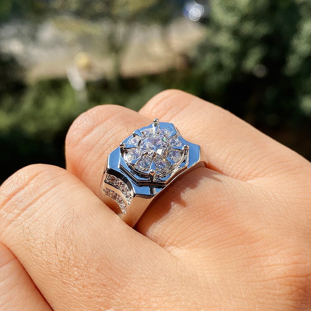 Huitan Luxe Crystal Cubic Zirkoon Mannen Ringen Engagement Wedding Party Accessoires Nobele Mannelijke Ring