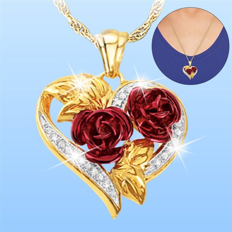 Liefde Hart Rode Roos Hanger Ketting Voor Vrouwen Meisje Goud Kleur Ketting Choker Mode-sieraden Christmas Valentijnsdag