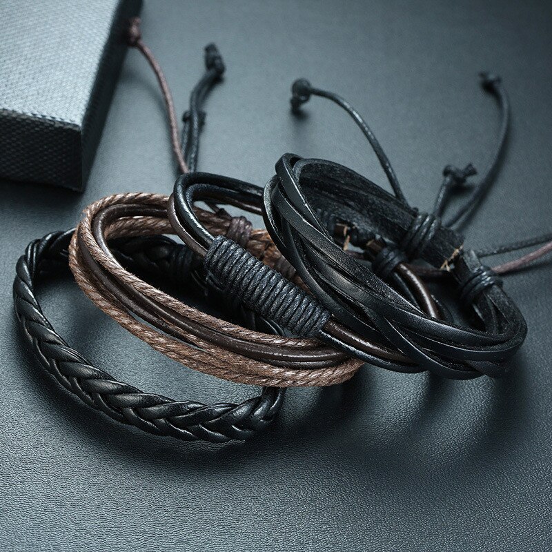 ZORCVENS 4 pieces/ Set Leather Bracelets for Men Braided Rope Wristband Vintage Style Male Bangle