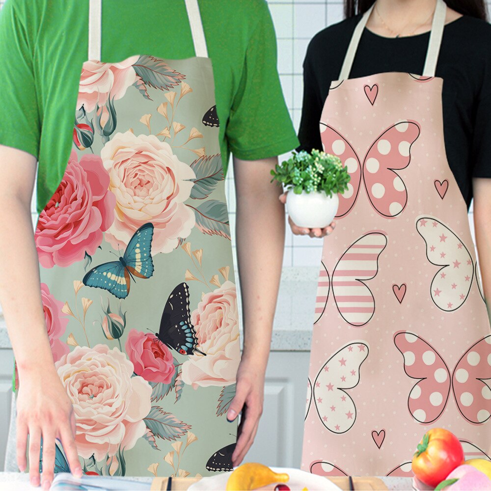 Karikatur Schmetterling Schürze Gedruckt Küche Schürzen für Frauen Baumwolle Leinen Hause Kochen Backen Taille Lätzchen Schürze Reinigung Werkzeuge