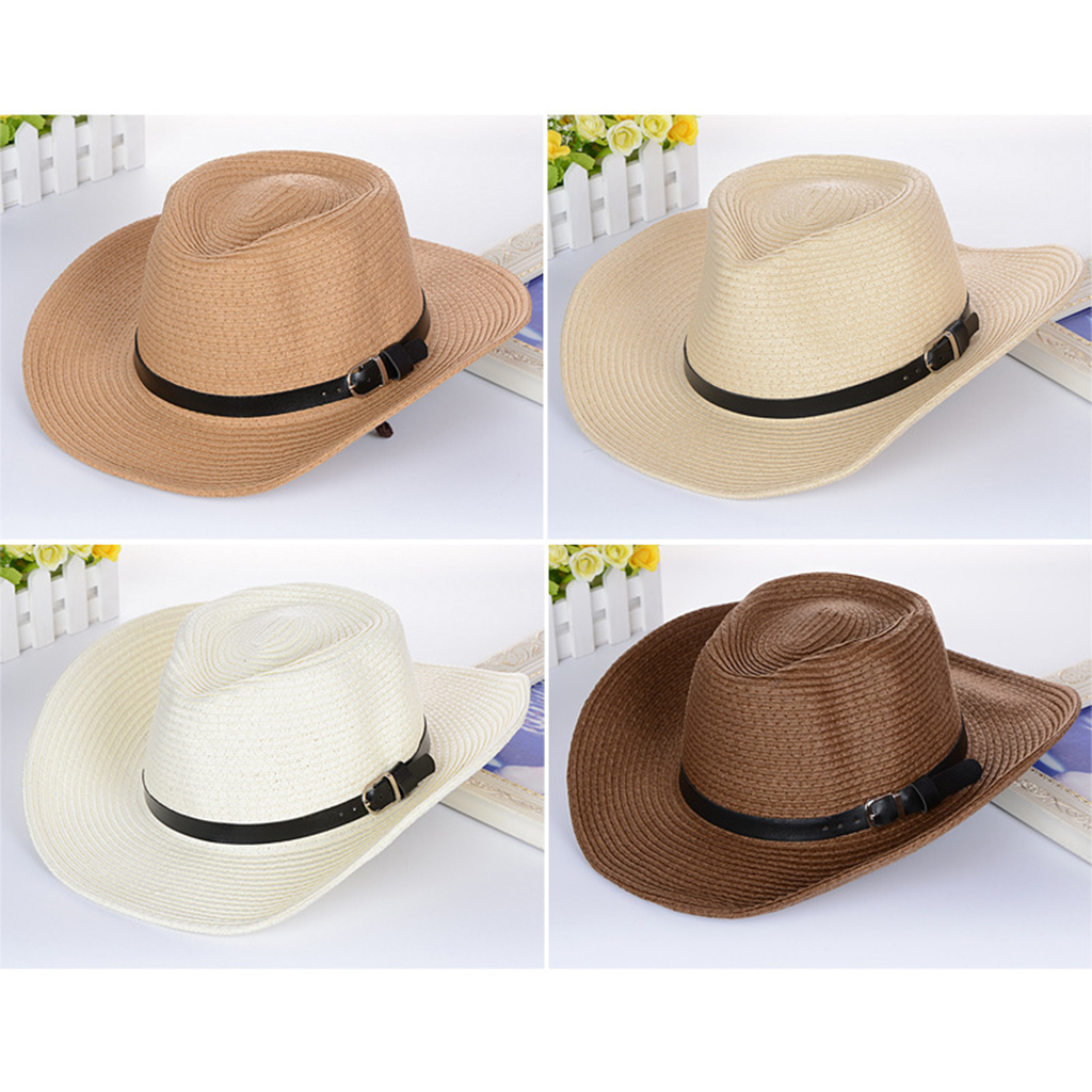 Western Style Cowboy/ Cowgirl Straw Hat Beach Panama Sun Hats Women &amp; Men Braid Straw Hat with Adjustable Chin Strap