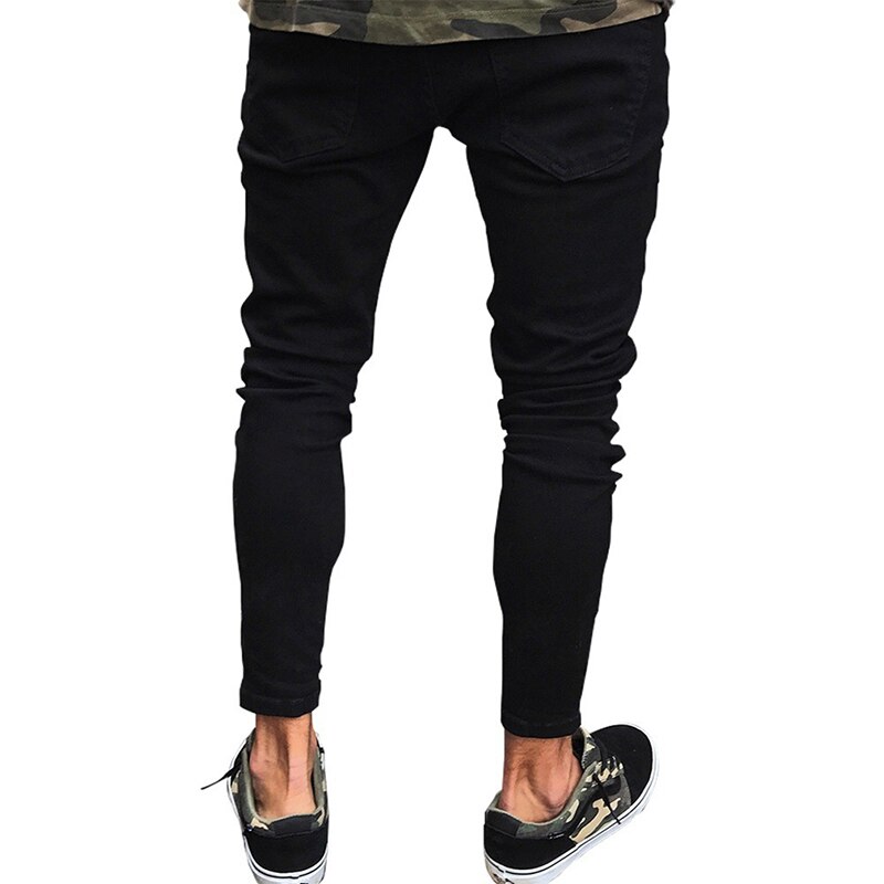 Pantalones vaqueros negros para hombre, Jeans ajustados rasgados y desgastados, elásticos, ajustados, de estilo Hop, con agujeros