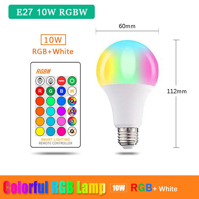 Bluetooth  e27 b22 rgbw led pære lys 5w 10w 12w 15w 110v 220v lampada skiftende farverige rgb led lampe med ir fjernbetjening: E27 10w rgbw