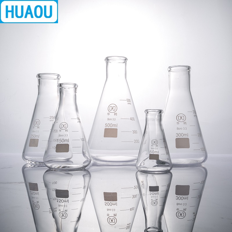 HUAOU-frasco Erlenmeyer de 250mL, borosilicato, 3,3 de vidrio, cuello estrecho, frasco triangular cónico, equipo de química de laboratorio