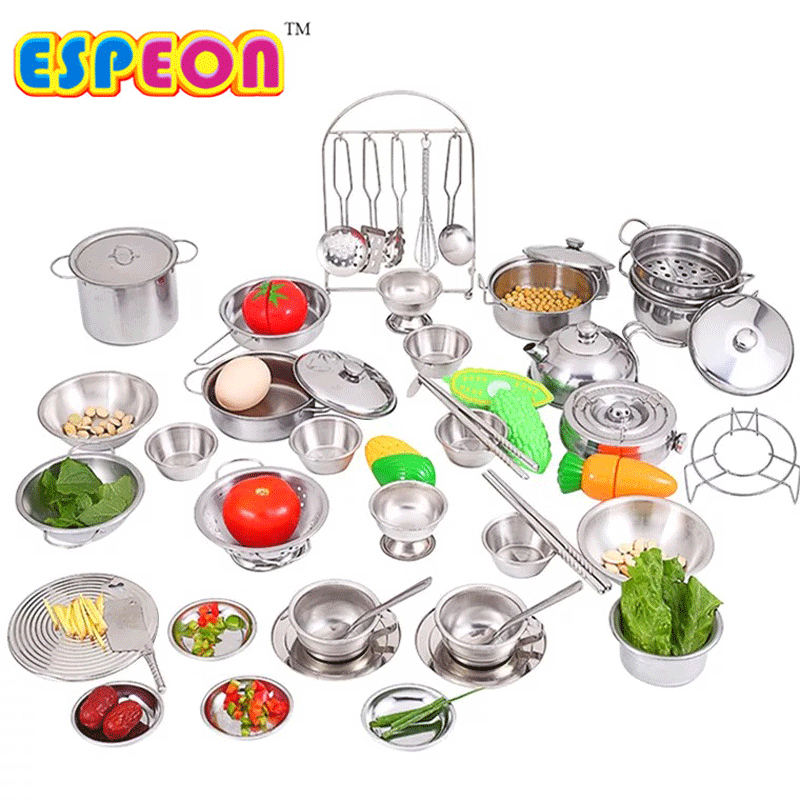 40Pcs Stainless Steel Kids House Kitchen Toy Cooking Cookware Children Pretend & Play Kitchen Playset for Children- Silver