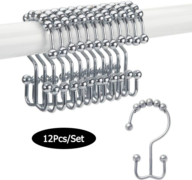 Gancho para cortina de ducha de acero inoxidable, anillo de bola de rodillo de Metal, gancho deslizante de doble cara para cortinas de barra de ducha de baño, 12 Uds.: Borgoña