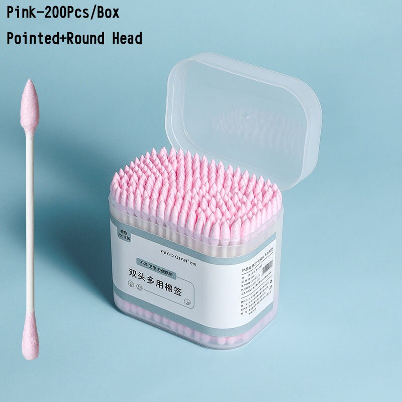 100 200 300 Stks/doos Dual Heads Wattenstaafjes Voor Kinderen Volwassen Gezondheidszorg Gereedschap Pluizende Wegwerp Knoppen Makeup Neus oren Schoonmaken: Pink 200 Pcs