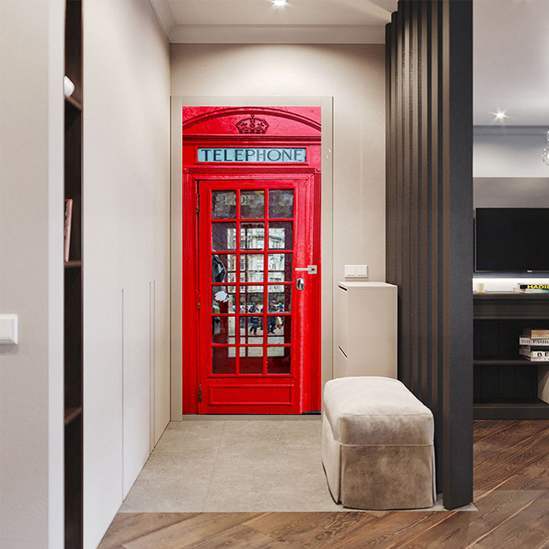 PVC Self-adhesive Door Sticker Red Phone Booth 3D Photo Wallpaper Mural Living Room Bedroom Removable Door Decoration Stickers