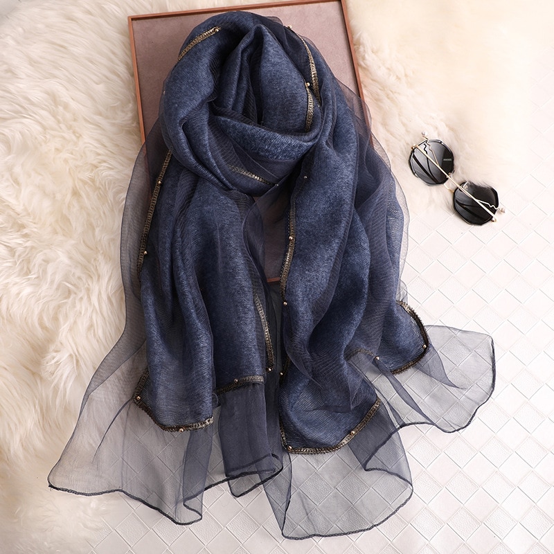 Heltäckande pärlor kvinnor siden halsdukar broderi mjuk ull halsduk lady pashmina sjal bandana foulard: Blå