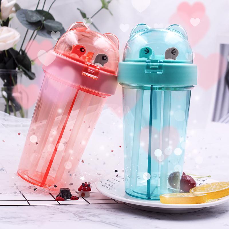 Dubbel sippy drink kopp tecknad utomhussport vattenflaska med dubbla rör med lock wxv