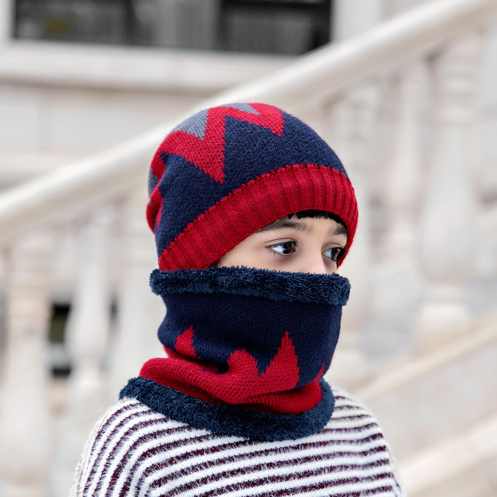 Warm Beanies Hat For Girl Ring Scarf Pompoms Winter Hats Knitted Caps Scarf 2 Pieces Winter Hat Scarf Set For child