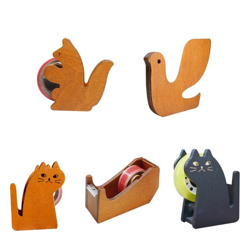 Lovely Office Tape Dispenser Vintage Wooden Cartoon Animal Shape Desktop Tape Cutter, 4 Shapes Cat/Pigeon/Squirrel/Whale HCCY