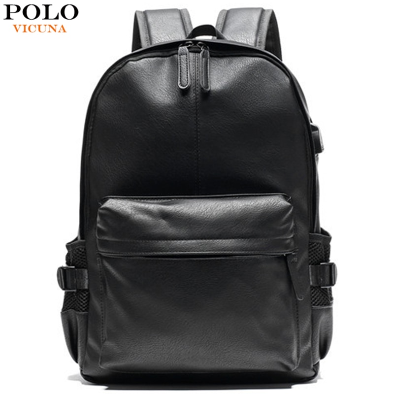 VICUNA POLO Leisure Leather Backpack For Men Unisex College Student Laptop Backpack Bags Solid Black Travel Backpacks