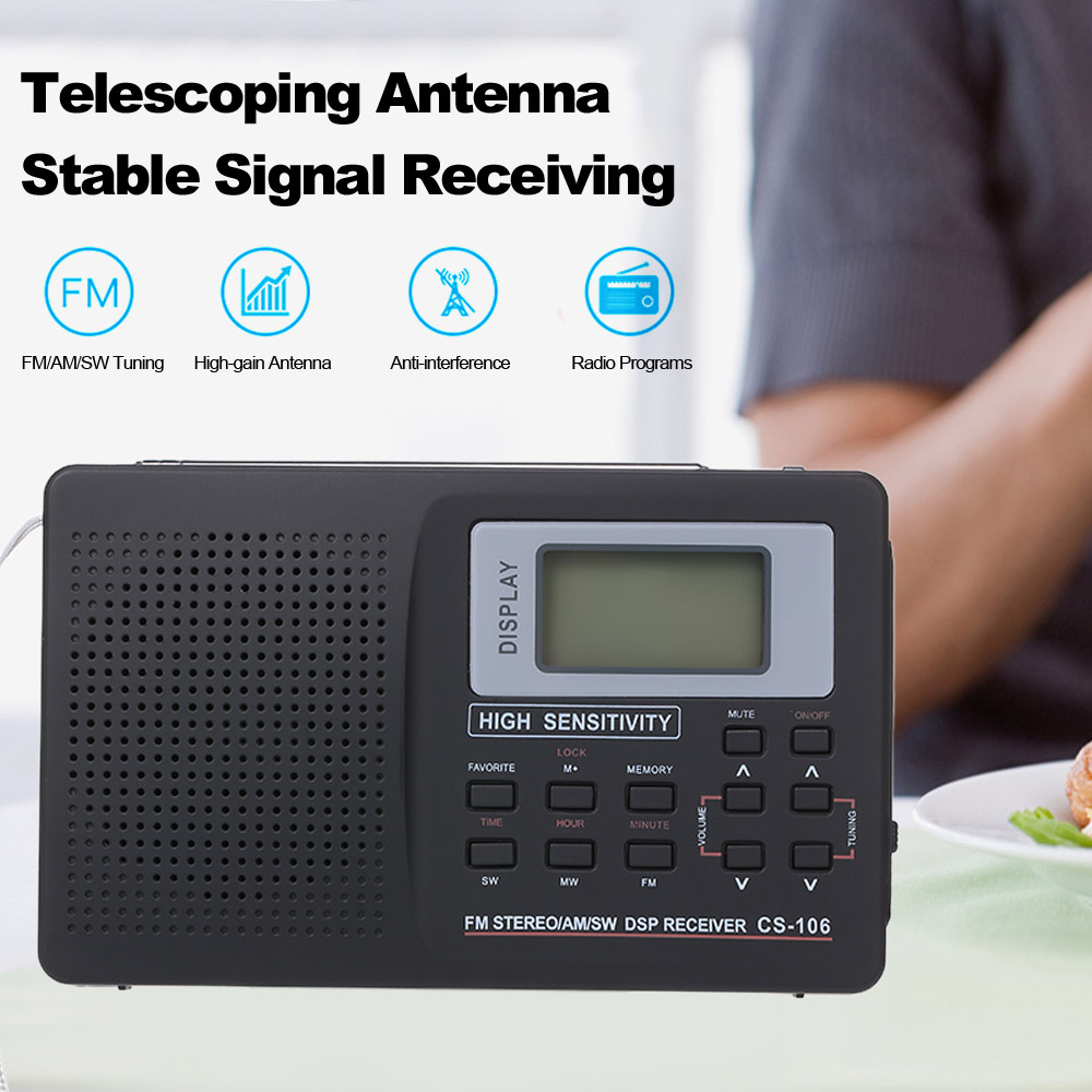 Portable radio FM AM SW Radio Multiband Digital Stereo Radio Receiver Earphone Time Display External Antenna with Alarm Clock