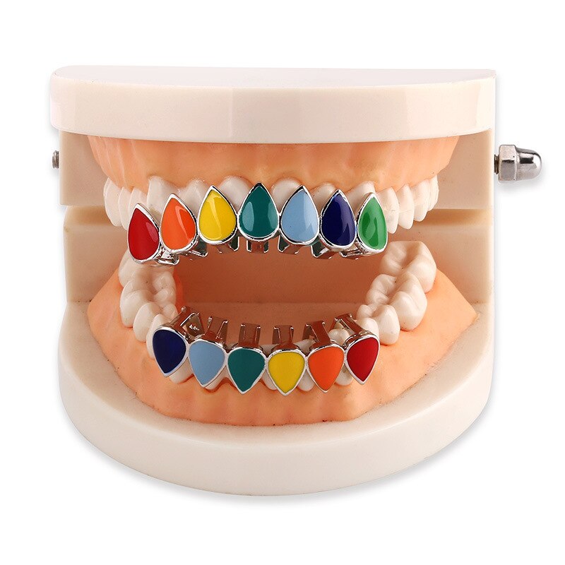 Hip Hop Rainbow Colorful Fangs Teeth Grills Set Top&amp;Bottom Gold Silver Color Teeth Braces Dental Halloween Vampire Teeth