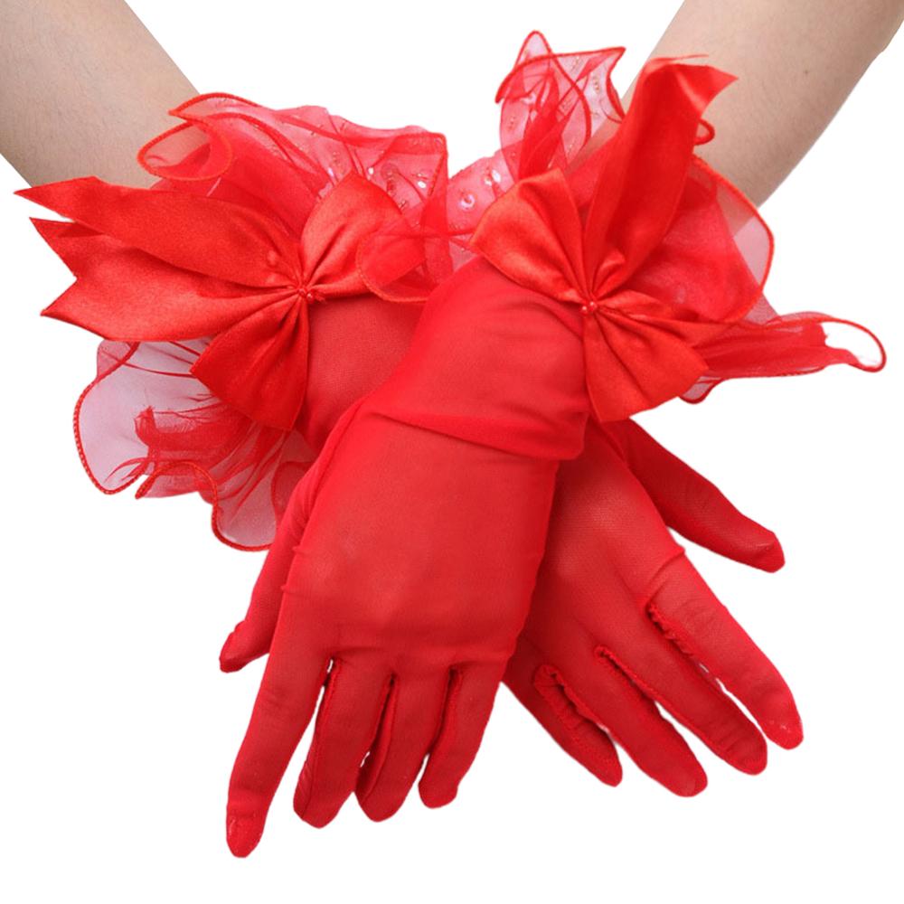 Guantes cortos finos de malla transparente para boda, lazo de satén y volantes ondulados: Rojo
