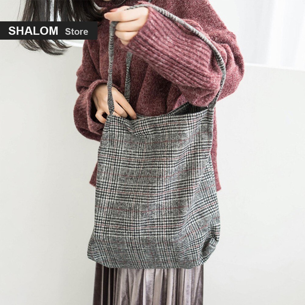 Arrivals Women Woolen Canvas Shoulder Bag Ladies Vintage Plaid Handbag Totes Female Cotton Wool Cloth Shopping Bags