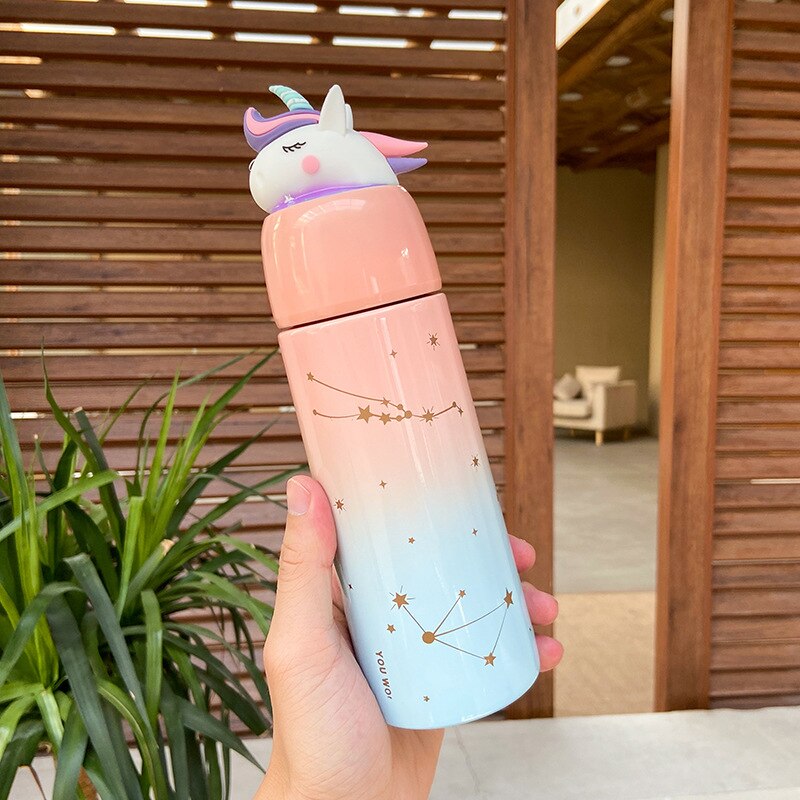 1pc dessin animé licorne tasse changement progressif petit frais littérature et Art Botton Portable acier inoxydable verre scellé extérieur: A