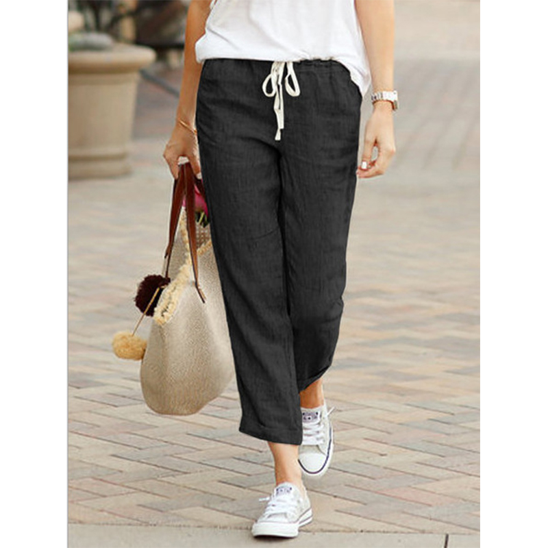Casual Cotton Linen Pants Women Spring Summer Solid Color High Waist Elastic Ankle-Length Pants Female Pockets Harem Trousers: XXL / black