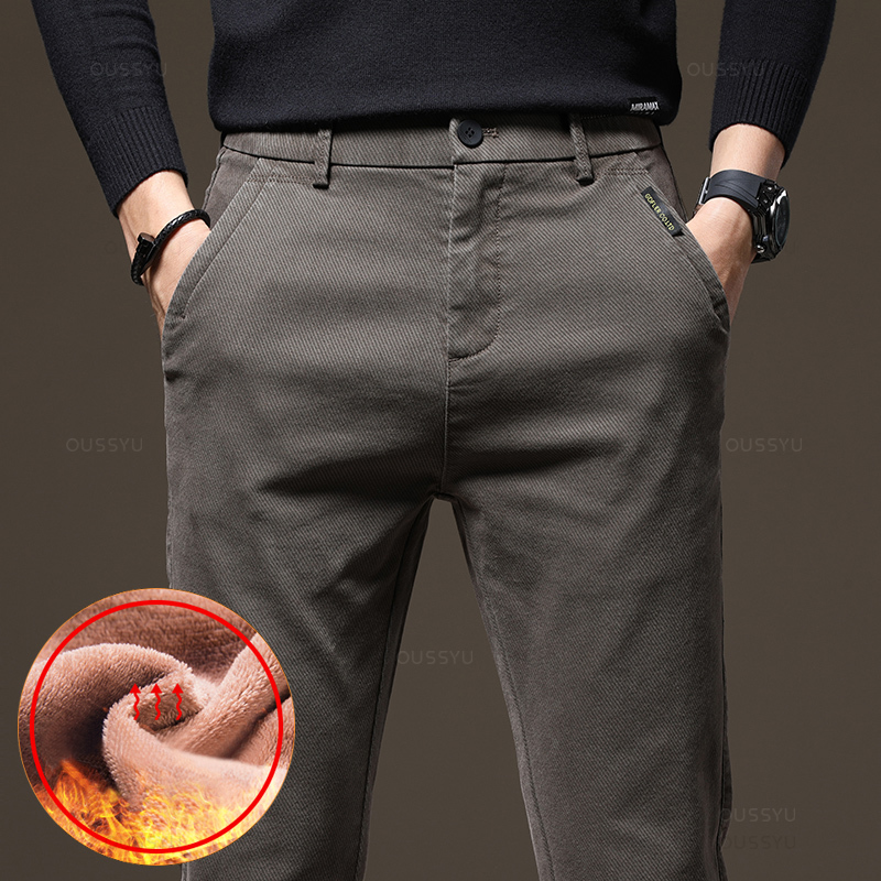 Pantalones informales cálidos de lana para hombre, de algodón, cintura elástica, sarga, trabajo, flocado, pantalones Cargo gruesos, novedad de invierno de 2024: 28 / Champán